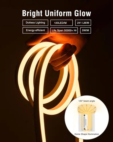 Vista 6 de Shine Decor tira de luces LED de neón AC 120V, extensible y cortable 120LEDsM de iluminación brillante, ETL resistente al frío y IP65 impermeable