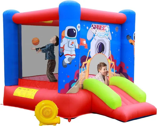WELLFUNTIME Casa de Rebote Inflable, Castillo Hinchable con Tobogán y Soplador, Casa de Salto para Niños con Aro de Baloncesto, Castillo Hinchable