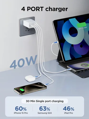 Vista 2 de [Paquete de 2] Bloque de cargador de pared USB C, 40 W, 4 puertos, cargador USB C súper rápido, adaptador de corriente PD de doble puerto, enchufe