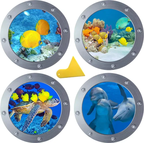 Vista 11 de OTDCGI Calcomanías adhesivas redondas 3D para ventana de ojo de buey de 11 pulgadas, tema oceánico (tortuga marina, tiburón, delfín), calcomanías