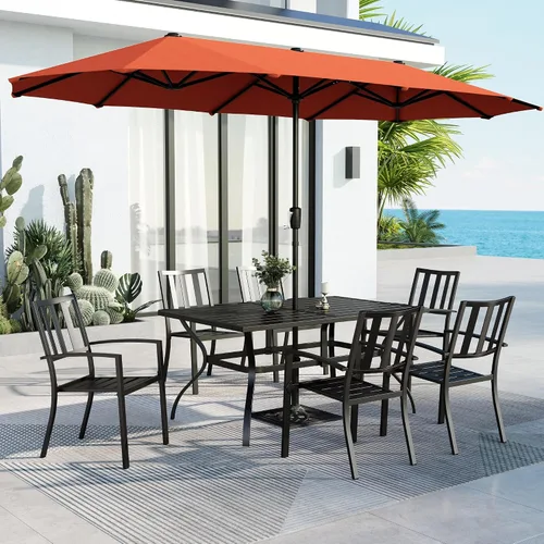 Vista 40 de MFSTUDIO Juego de comedor de patio para 6, juego de muebles de patio con sombrilla (beige), 6 sillas de listones de acero, 1 mesa rectangular grande
