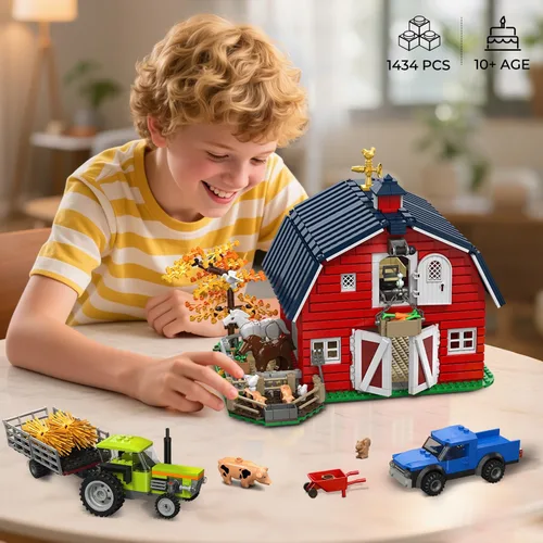 Vista 5 de INSOON Western Farm - Juego de construcción de casa de granero con luces, recientemente mejorado con estructura reforzada, 1419 piezas de juguete