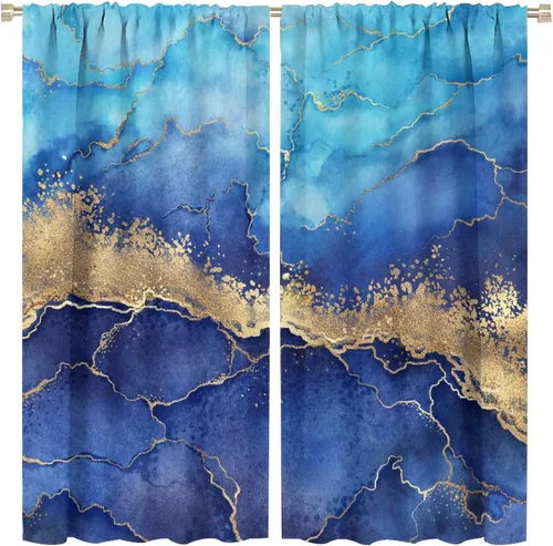 Vista 15 de Cortinas abstractas de mármol de lujo de lujo azul marino dorado a rayas con patrón de mármol estampado para dormitorio, sala de estar, cortinas