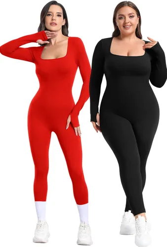 Vista 4 de Overol de yoga de manga larga para mujer, con control de abdomen, acanalado, cuello cuadrado, bodycon