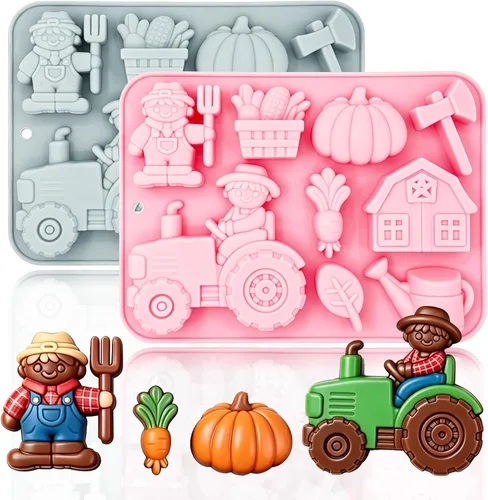 Paquete de 2 moldes temáticos de granja de silicona con 9 cavidades para tractor de dibujos animados de granjero, bandeja para hornear bricolaje