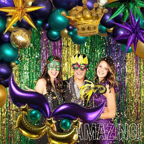 Vista 5 de Kozee Kit de arco de guirnalda de globos de Mardi 130 piezas de doble relleno de oro verde esmeralda morado con corona de Mylar y globos de máscara