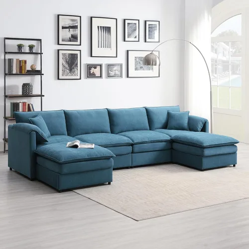 Vista 234 de Sofá modular de felpilla con tapicería en forma de L, sofá modular de 4 asientos con otomana extraíble y 5 almohadas para sala de estar, apartamento