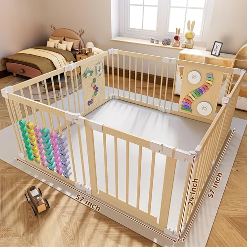 Vista 2 de Corralito para bebés – Patio de juegos de madera ajustable de múltiples formas, centro de actividades plegable portátil con área de juego para bebés