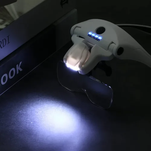 Vista 6 de YOCTOSUN - Lentes de aumento con 4 luces LED, lupa de montaje en la cabeza con estuche de almacenamiento, 5 lentes, diadema, visor de aumento