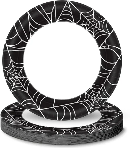 Platos redondos de papel de telaraña – 10 pulgadas (paquete de 40) – Paquete elegante y duradero, perfecto para Halloween y celebraciones temáticas
