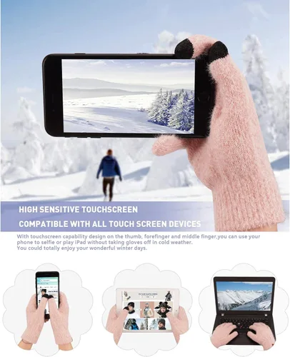 Vista 3 de Gorro de punto cálido para mujer, para pantalla táctil, conjunto de bufanda larga con forro polar y gorras de calavera para mujeres y hombres