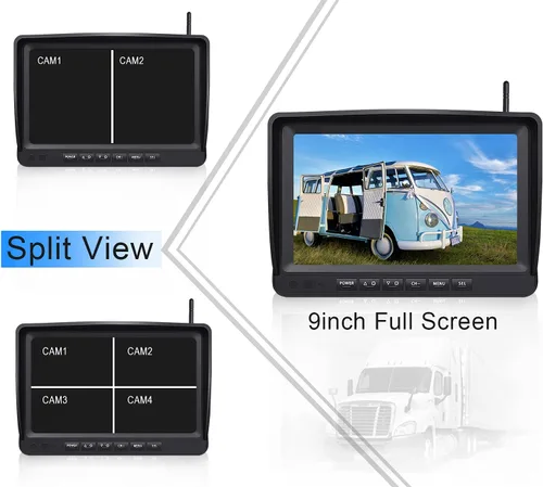 Vista 4 de Sistema de cámara de respaldo inalámbrico HD 1080P 9 pulgadas, DVR Quad Split Monitor, IP69 impermeable, cableado, cámaras de visión lateral
