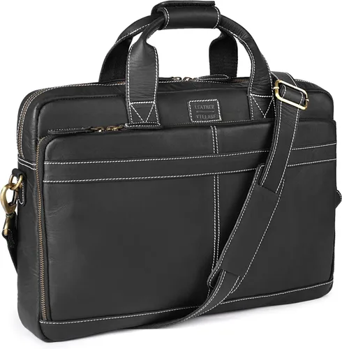 LEATHER VILLAGE Maletín de mensajero para portátil de cuero genuino de 16 Negro