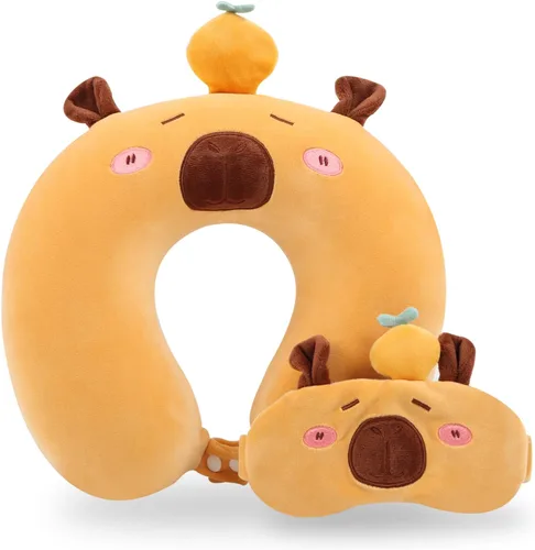 Vista 13 de Almohada de viaje, almohada de viaje para niños con máscara de ojos para dormir, almohada de espuma viscoelástica suave para niños y niñas