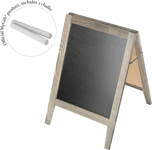 Vista 4 de MyGift Cartel de pizarra borrable de madera rústica con marco en A, caballete de pizarra de doble cara, tablero de menú de acera, señalización