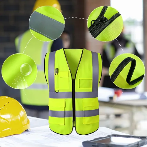 Vista 6 de Chaleco de seguridad personalizado para hombre con bolsillos con logo, chalecos reflectantes de alta visibilidad para construcción, ropa