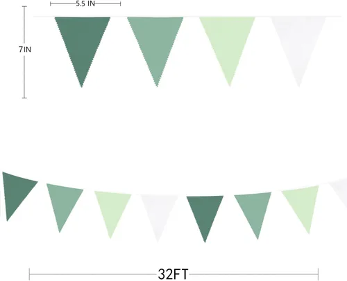 Vista 7 de Decoraciones de fiesta verde salvia de 32 pies, bandera triangular verde aguacate, banderines de tela, banderines para cumpleaños, boda, baby