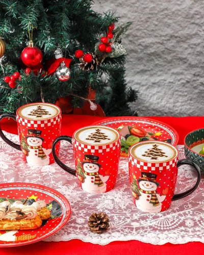 Vista 5 de HASENSE Juego de 6 tazas de café de cerámica con asa, taza grande de café con leche de Navidad para té, cacao caliente, leche, elegante taza