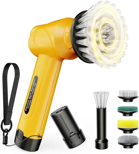 Vista 8 de Qimedo Cepillo Giratorio de Mano con Mango Largo Extendido, Cepillo Eléctrico Recargable para Limpieza, Cepillo Inalámbrico para Platos con 6