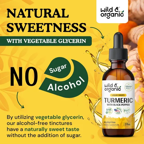 Vista 6 de Wild & Organic Suplemento líquido de cúrcuma – Soporte para articulaciones – Curcumina de cúrcuma con extracto de pimienta negra – Gotas de raíz