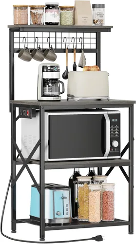 Vista 10 de Furologee Estante para hornear de cocina con toma de corriente, soporte para horno de microondas con almacenamiento de 4 niveles, mesa de café con 6