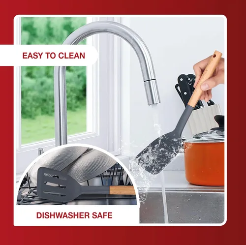 Vista 5 de Paquete de 2 espátulas de silicona, espátulas ranuradas antiadherentes con mango de madera, juego de utensilios de cocina de madera ideal