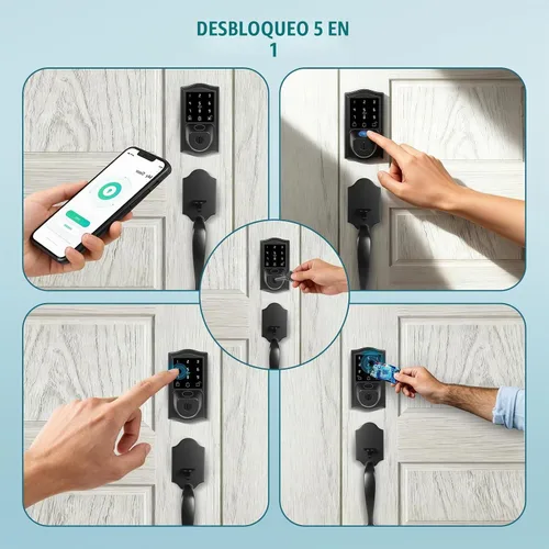 Vista 2 de Juego de cerraduras inteligentes para puerta delantera con huellas dactilares con asa, control remoto con aplicación WiFi integrada y guía de voz