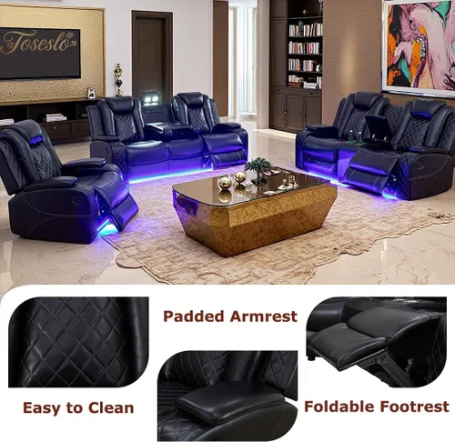 Vista 2 de Juego de muebles de sala de estar, juego de sofá reclinable eléctrico con luz LED, sofá de cuero negro y 2 sillas, modernos juegos reclinables