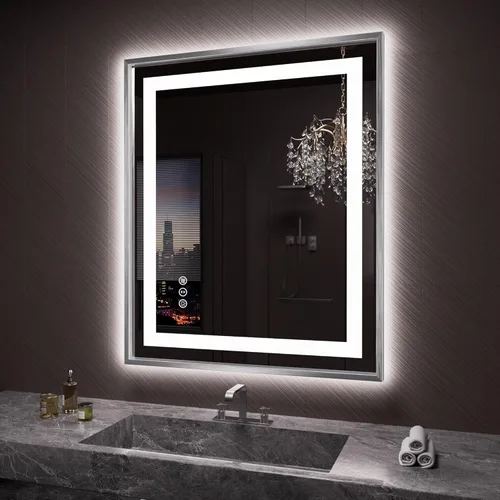 Vista 29 de Amorho Espejo de baño LED de 20 x 28 pulgadas con marco negro, luz frontal y retroiluminación, regulable continuamente, antivaho, a prueba