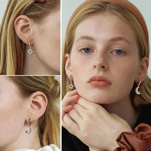 Vista 2 de Aretes colgantes de luna y estrella de plata de ley 925 de 0.65 quilates, aretes asimétricos de esmeralda verde para mujer