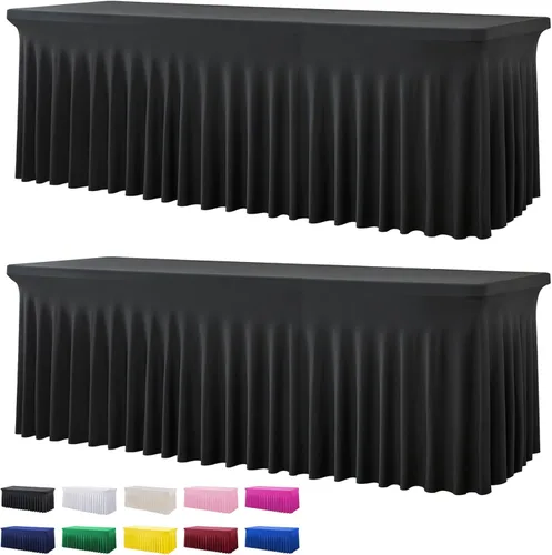 Vista 45 de Paquete de 2 manteles de elastano azul bebé para mesas rectangulares de 6 pies, manteles elásticos de 6 pies, falda de escritorio para fiestas