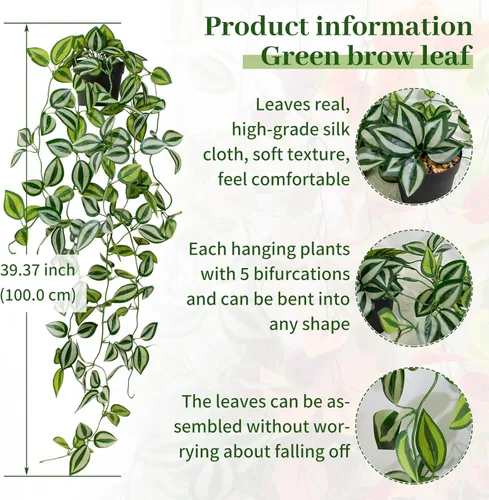 Vista 2 de Plantas artificiales de interior pequeñas en maceta, enredadera colgante de 39 pulgadas de largo, planta falsa de hoja de ceja verde, planta