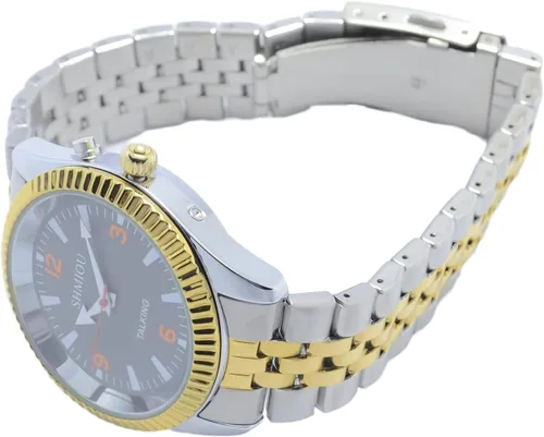 Vista 8 de Inglés Hablando Reloj para el anciano Ciego Hombre con Discapacidad Visual, Hombre Acero Inoxidable Oro Plata Pulsera Gris Dial Voz con Alarma