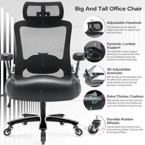 Vista 4 de Silla de oficina grande y alta, 600 libras con brazos abatibles 3D, reposacabezas ajustables, ruedas grandes resistentes, silla de escritorio