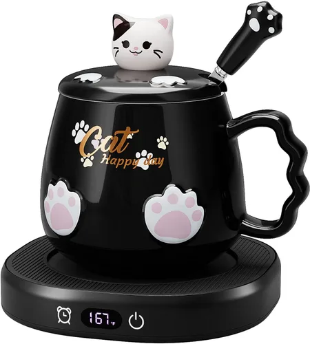 Calentador de tazas de café y lindo juego de tazas de gato, calentador de tazas de bebidas para escritorio, oficina en casa con 4 ajustes de