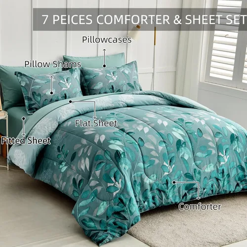 Vista 2 de Anibedding Juego de edredón Aqua tamaño Queen, 7 piezas de hojas botánicas reversibles de microfibra suave en una bolsa con juego de sábanas