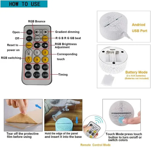 Vista 4 de Luz nocturna de unicornio con ilusión 3D para niños, luz nocturna LED regulable con control remoto y tacto inteligente y cable USB y lámpara