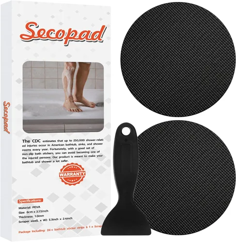 Secopad Calcomanías antideslizantes para bañera, 24 piezas de seguridad para bañeras, duchas, peldaños adhesivos, raspador (negro)