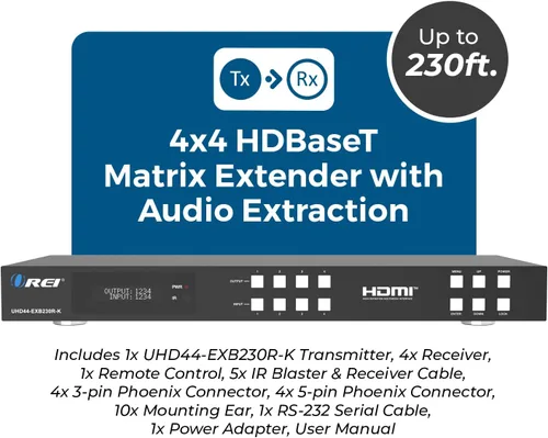 Vista 9 de OREI Matriz extensor HDMI 4K 4x4 profesional - HDBaseT UltraHD 4K @ 60Hz 4:2:0 sobre cable CAT5e/6/7 individual con conmutador HDR y control IR