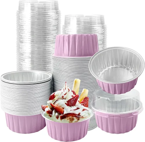 Vista 16 de 100 piezas de tazas de aluminio con tapas, 5 onzas de tazas desechables de ramekin para hornear, forros para magdalenas, mini moldes para tartas