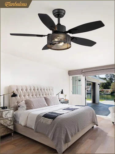 Vista 7 de Ventiladores de techo estilo granja con luces y control remoto, ventiladores de techo industriales negros enjaulados de 42 pulgadas para sala