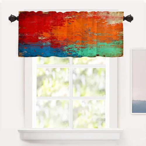 Vista 157 de Shrahala Beige and Orange Abstract Art Brushstrokes Tier Curtains for Kitchen Windows, Abstract Oil Paint Cafe Curtain Multilayer Polyester Blackout