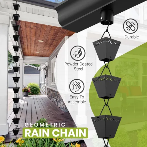Vista 5 de Kit de Cadena de Lluvia Elemental Eden con Adaptador y Extensión Cadenas de Lluvia Recubiertas en Polvo Negro para Canalones 3.05 m Cadena