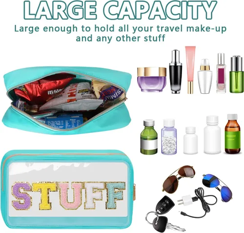Vista 4 de Iqimott Preppy Patch - Bolsa de maquillaje transparente para mujer, bolsa de cosméticos con letras de chenilla para viajes, Cosas-Verde