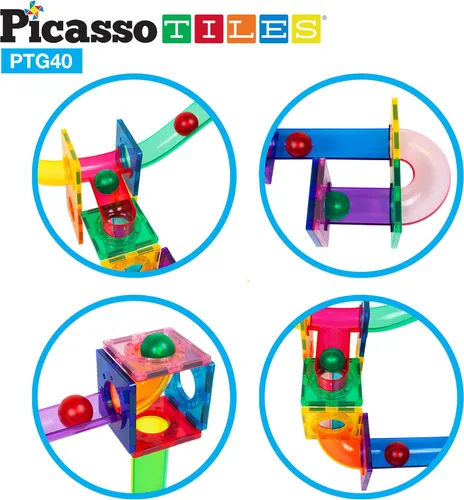 Vista 2 de PicassoTiles Marble Run Magnetic Tile Race Track Toy Set STEM Building & Learning Early Educational Child Magnet Construction Block Kit creativo