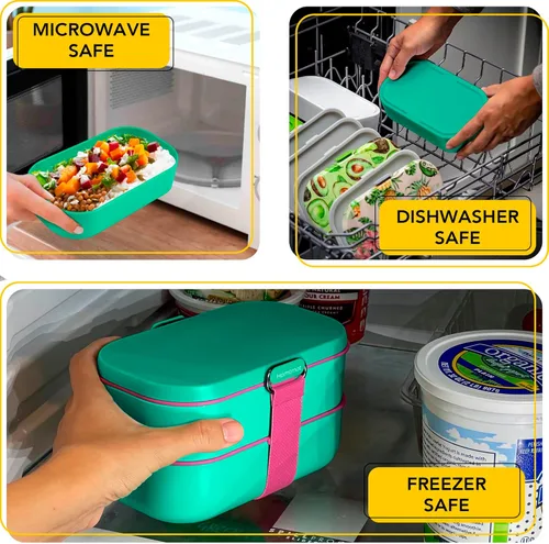 Vista 49 de Lonchera Bento apilable aislada para adultos con palillos reutilizables, lonchera japonesa apta para microondas y a prueba de fugas, para hombres