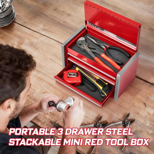 Vista 7 de Geinxurn Caja de herramientas roja rodante de 3 cajones, caja de herramientas apilable de acero resistente con cajones con cerradura, gabinete