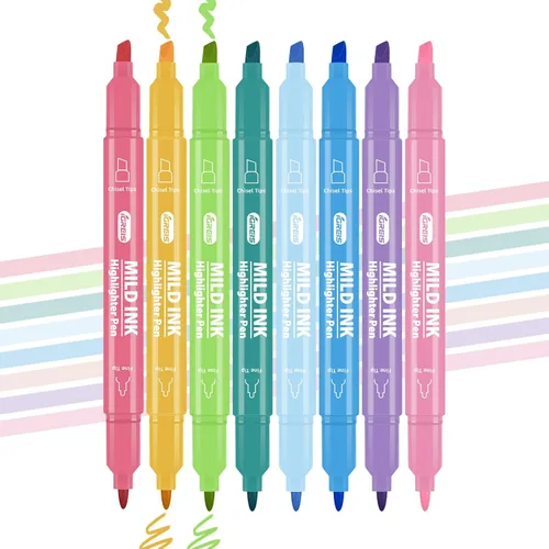 Marcadores estéticos de doble punta, 8 colores y 2 bolígrafos de gel multicolor 3 en 1, 6 colores de tinta, cincel y puntas finas, no se corren,