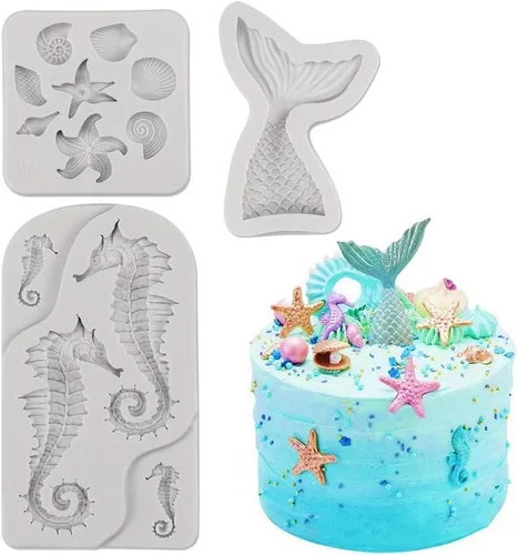 Vista 24 de Sakolla 2 unidades de moldes de cola de sirena, moldes de sirena para chocolate, decoración de pastel, dulces, cupcakes de resina, gomitas (Azul)