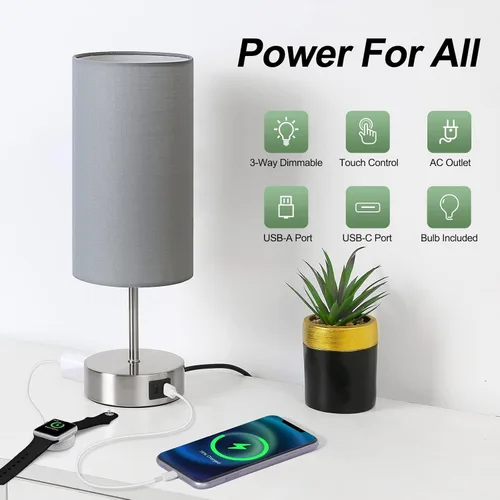 Vista 2 de Yarra-Decor Lámpara de noche mejorada con puertos de carga USB A+C y salida de CA, lámpara de mesa de control táctil para dormitorio, lámpara de Gris